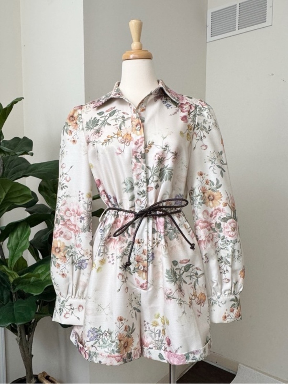 Floral Button-Up jumpsuit in Cream with Pink & Green Blooms